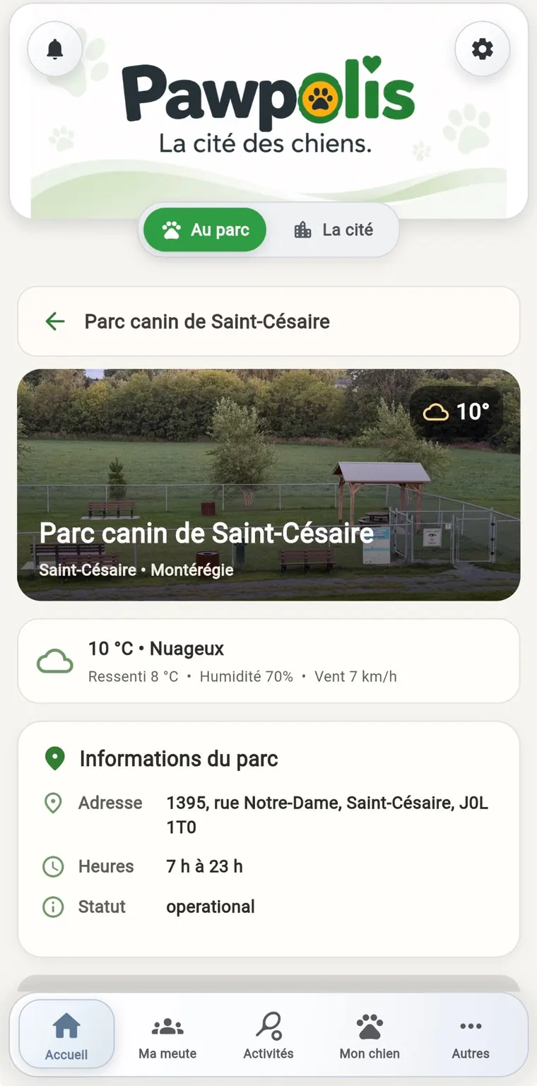 Accueil Au parc dans l'application Pawpolis